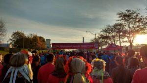 A group of people waiting at the starting line of the Toronto Scotiabank Waterfront Marathon