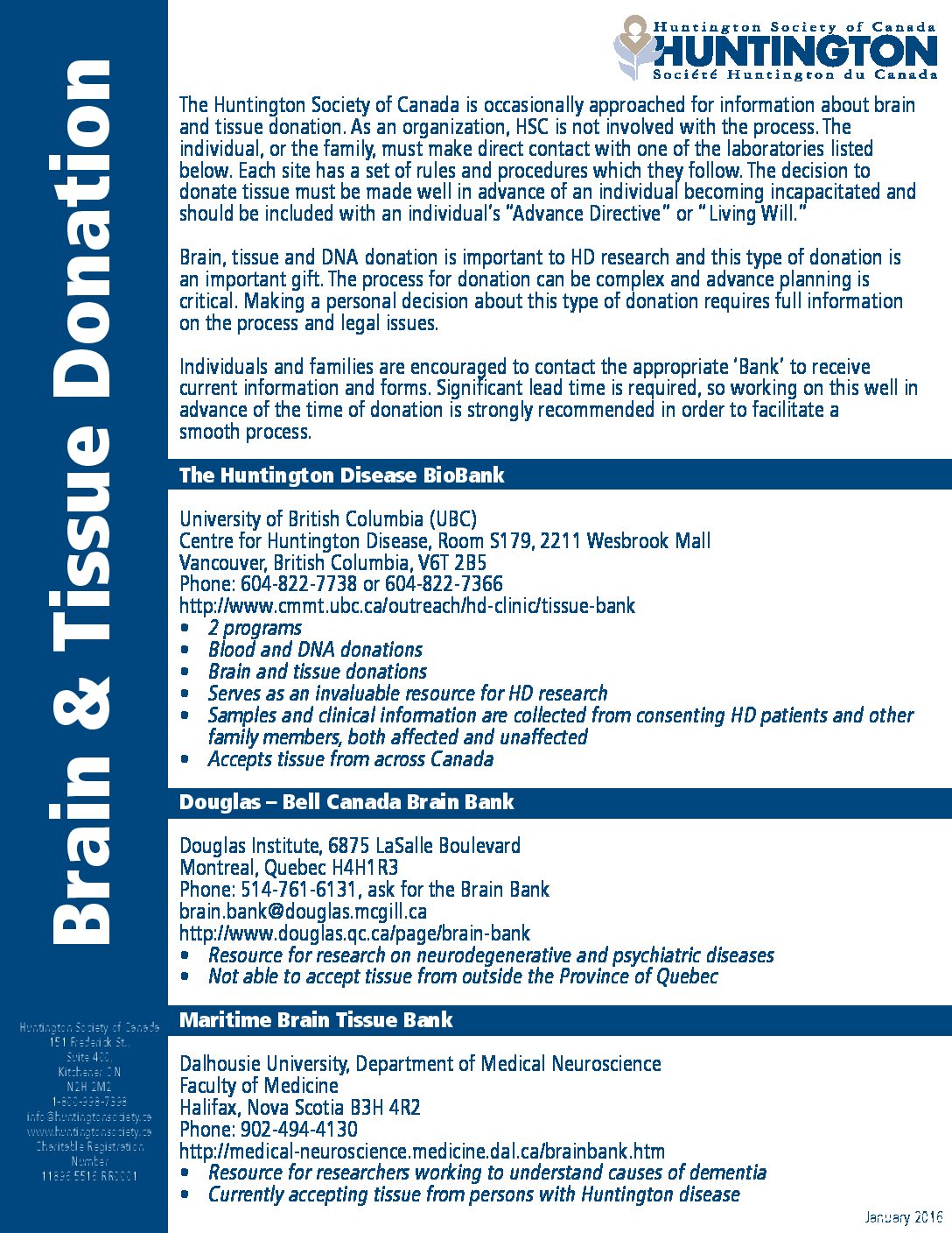 Brain Bank Fact Sheet_2016 Huntington Society of Canada