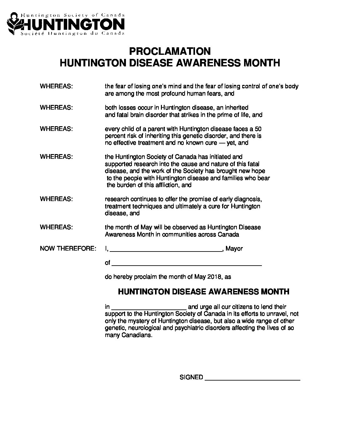 PROCLAMATION HD 2018 Huntington Society of Canada