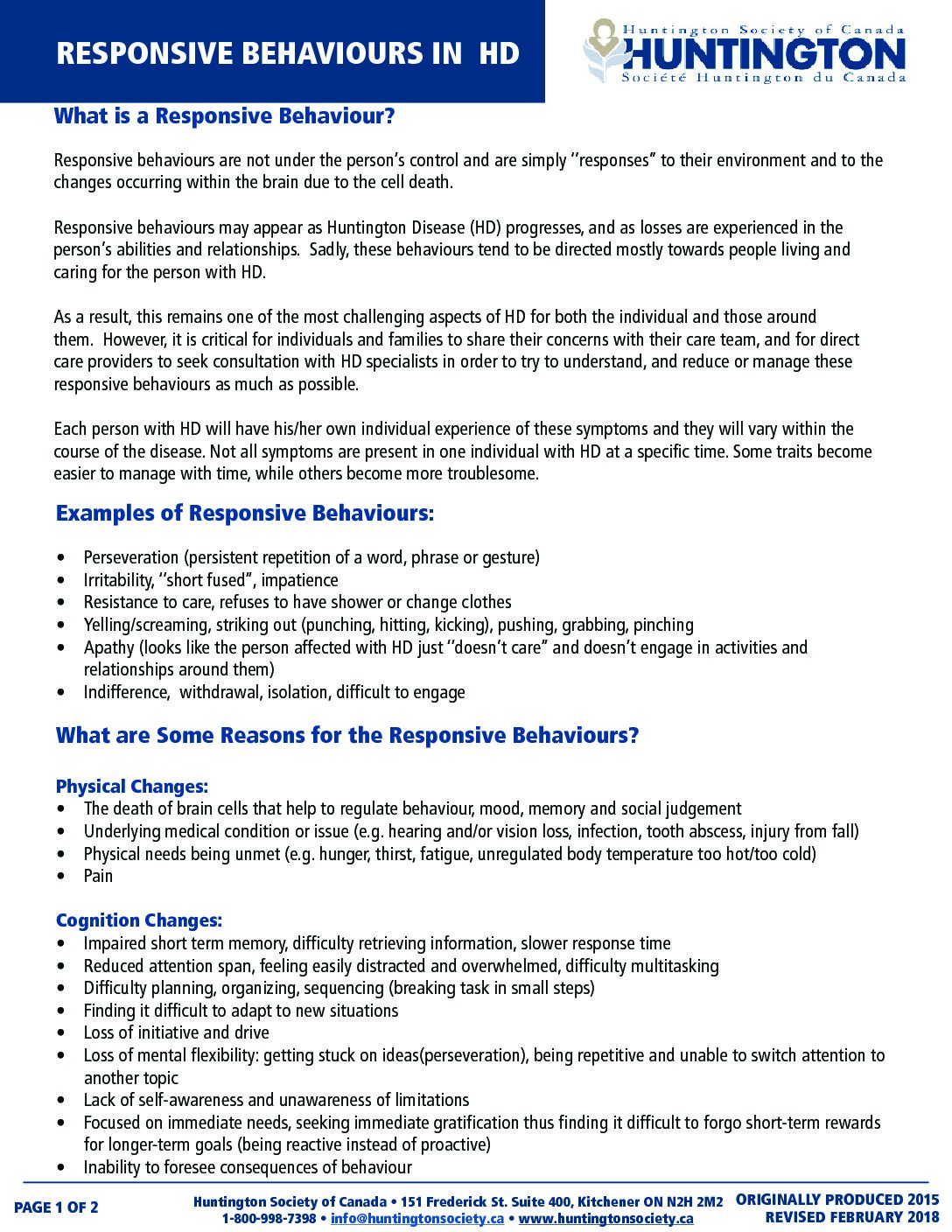 Responsive Behaviours in HD Fact Sheet Feb 2018 Huntington Society of