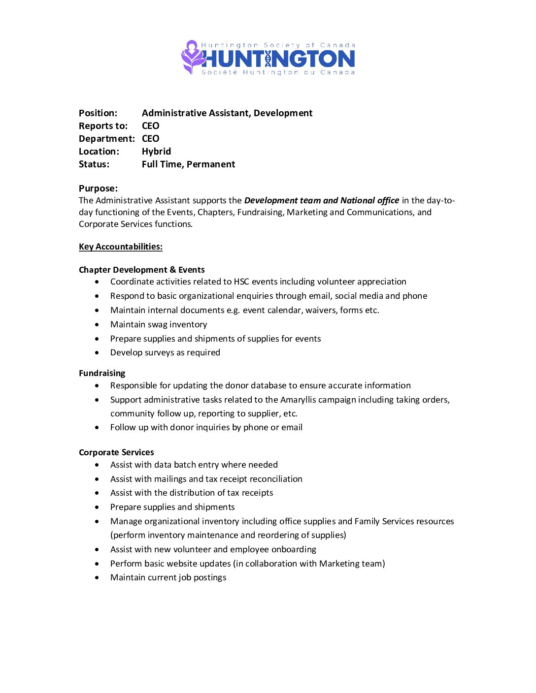 Administrative Assistant, Development Huntington Society of Canada